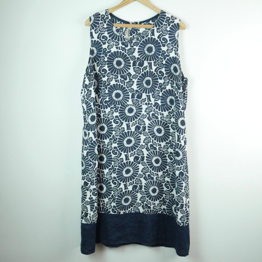 FLAX Jeanne Engelhart Linen Sleeveless Shift Dress Navy White Floral Print Large